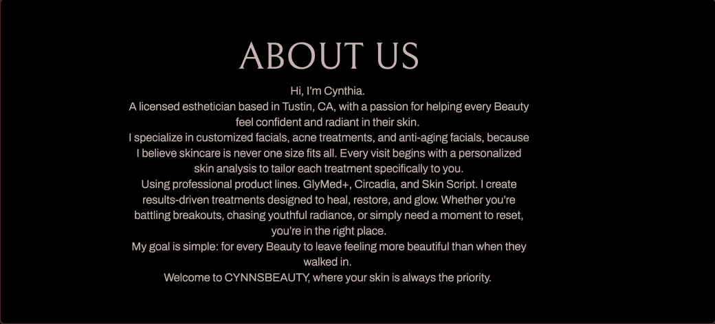 CynnsBeauty website before OHR showing the old about section