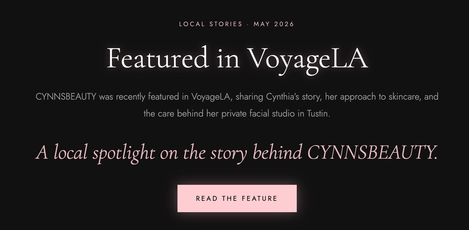 On-site Featured in VoyageLA proof section on the CYNNSBEAUTY website with a short summary and a Read the Feature button
