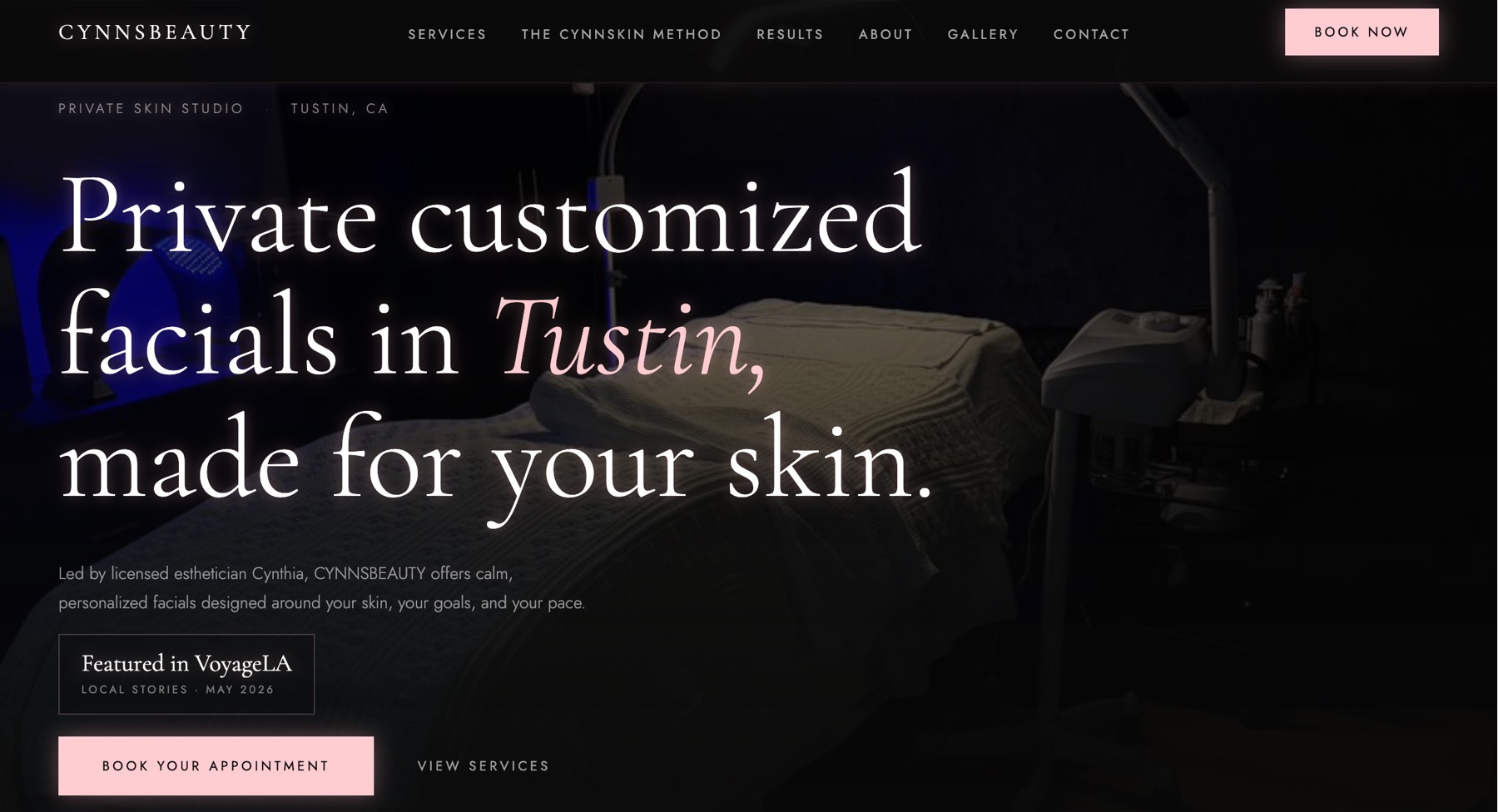 Current CYNNSBEAUTY homepage showing Featured in VoyageLA badge and CynnSkin Method navigation after OHR updates.